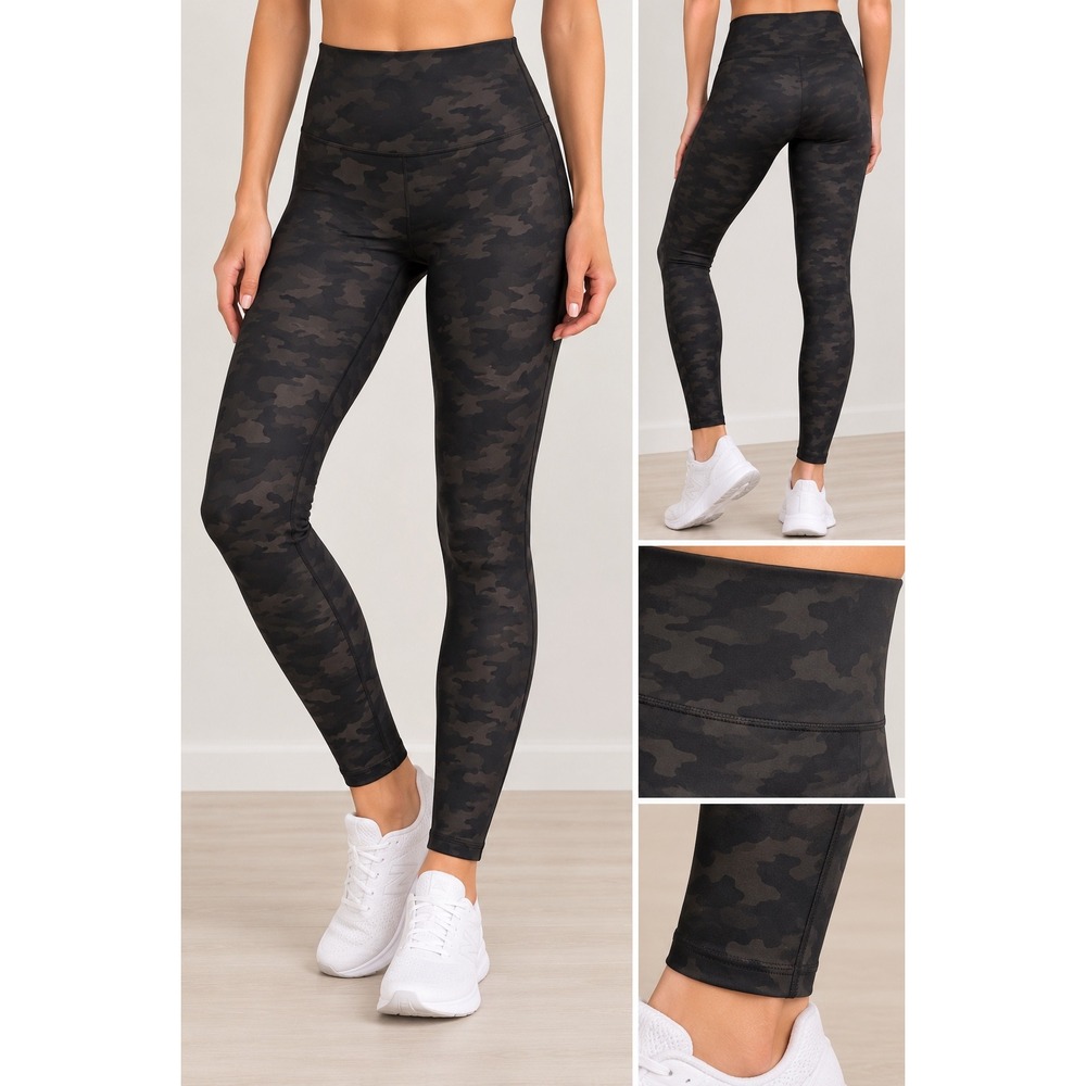 SPANX Women's Leggings Medium Black Camo High Rise Shaping Stretch Skinny